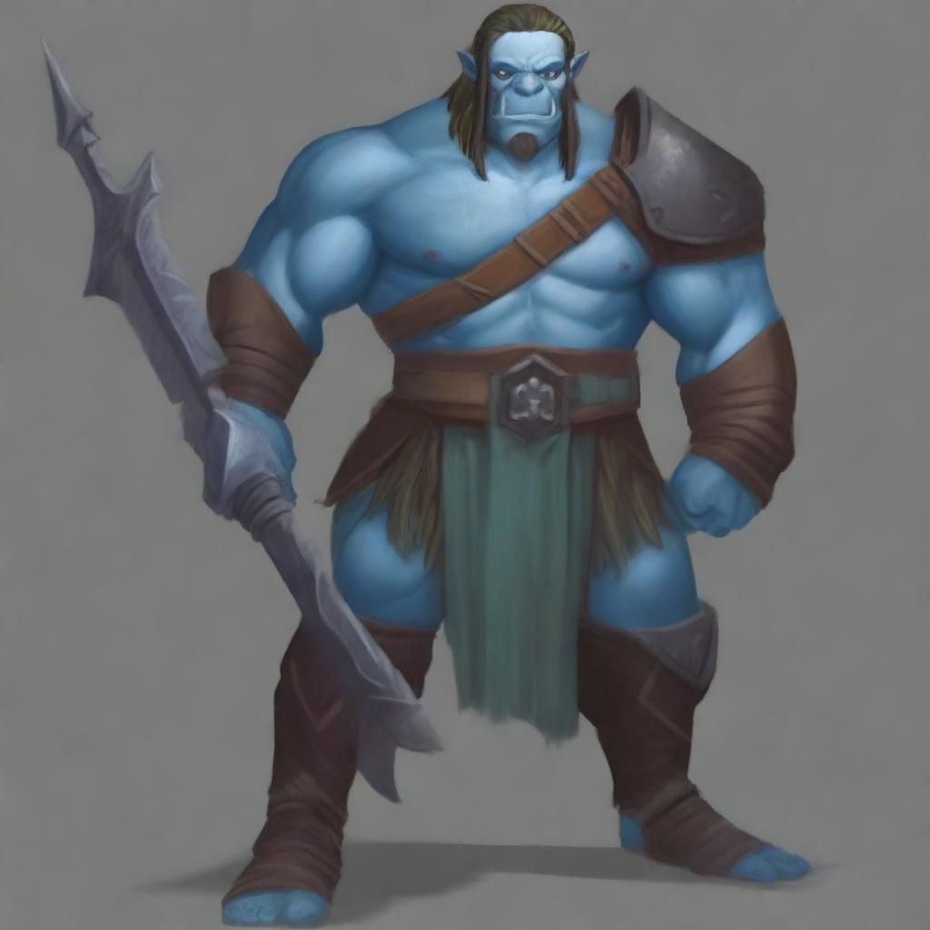 A large and gruff half orc barbarian with cerulean blue skin and hair, and brown eyes