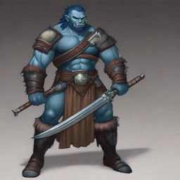 A large and gruff half orc barbarian with cerulean blue skin and hair, and brown eyes