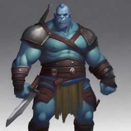 A large and gruff half orc barbarian with cerulean blue skin and hair, and brown eyes