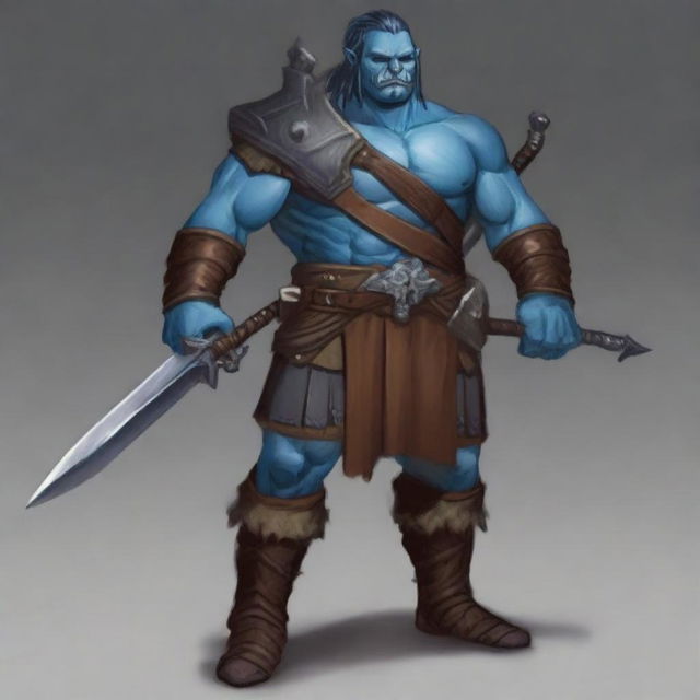 A large and gruff half orc barbarian with cerulean blue skin and hair, and brown eyes