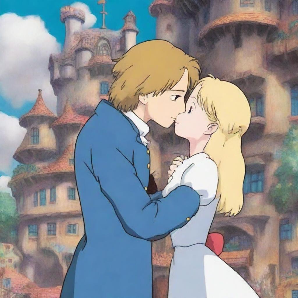 A beautiful scene from Howl's Moving Castle featuring Sophie with long blonde hair kissing Howl