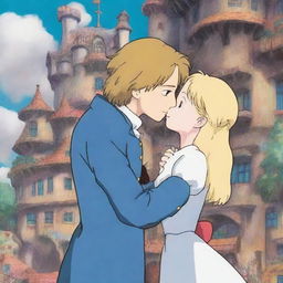 A beautiful scene from Howl's Moving Castle featuring Sophie with long blonde hair kissing Howl