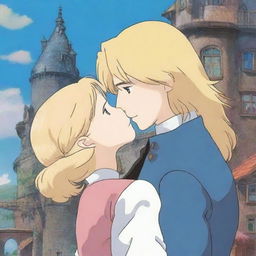 A beautiful scene from Howl's Moving Castle featuring Sophie with long blonde hair kissing Howl