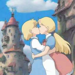 A beautiful scene from Howl's Moving Castle featuring Sophie with long blonde hair kissing Howl