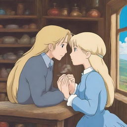 A beautiful scene from Howl's Moving Castle featuring Sophie with long blonde hair kissing Howl