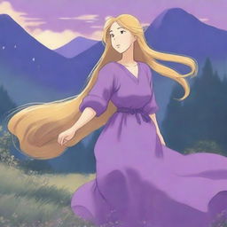 A Studio Ghibli style illustration of a woman with long golden hair wearing a flowing purple dress