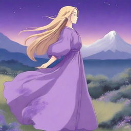 A Studio Ghibli style illustration of a woman with long golden hair wearing a flowing purple dress