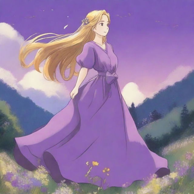 A Studio Ghibli style illustration of a woman with long golden hair wearing a flowing purple dress