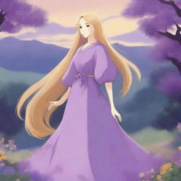 A Studio Ghibli style illustration of a woman with long golden hair wearing a flowing purple dress