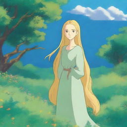 A Studio Ghibli-style woman with long golden hair and blue-green eyes