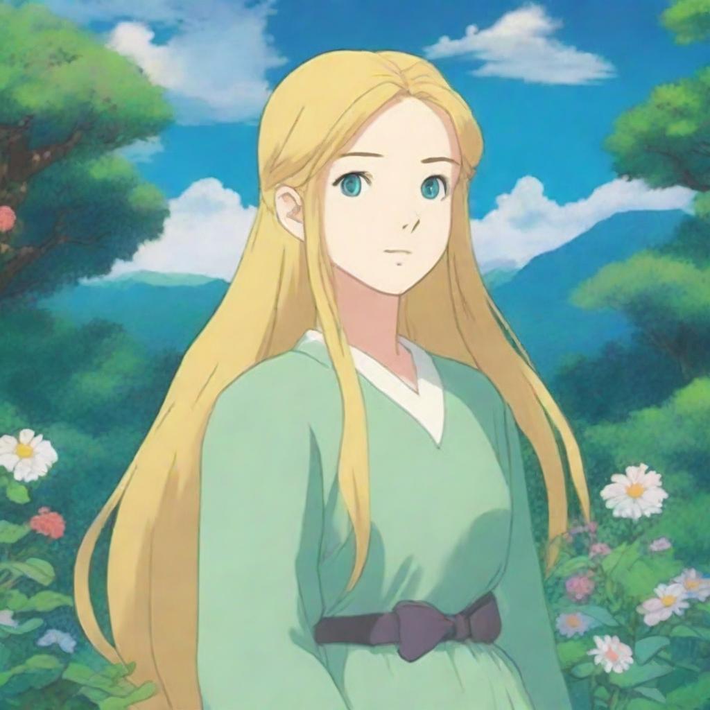 A Studio Ghibli-style woman with long golden hair and blue-green eyes