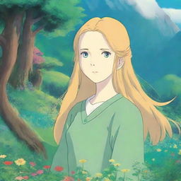 A Studio Ghibli-style woman with long golden hair and blue-green eyes