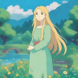 A Studio Ghibli-style woman with long golden hair and blue-green eyes