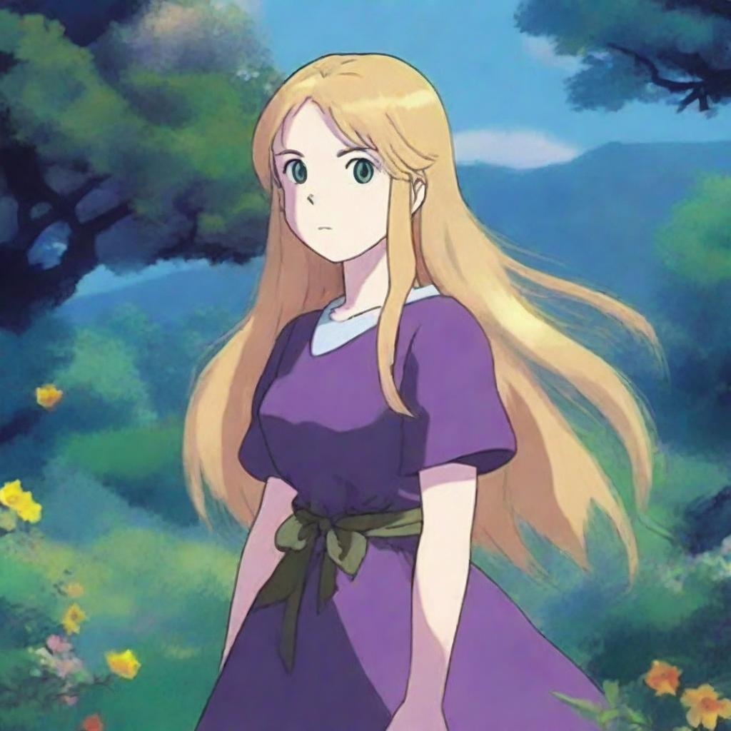 A Studio Ghibli-style woman with long golden hair and blue-green eyes, wearing a dark purple dress