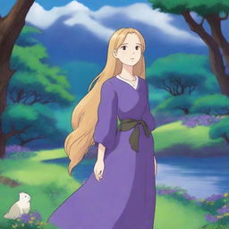 A Studio Ghibli-style woman with long golden hair and blue-green eyes, wearing a dark purple dress