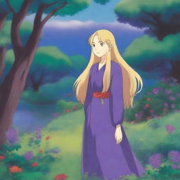 A Studio Ghibli-style woman with long golden hair and blue-green eyes, wearing a dark purple dress