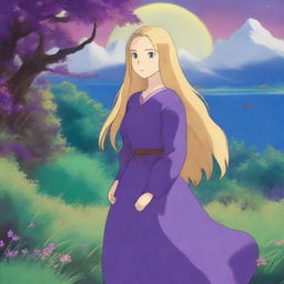 A Studio Ghibli-style woman with long golden hair and blue-green eyes, wearing a dark purple dress