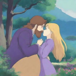 A Studio Ghibli-style scene featuring a woman with long golden hair and blue-green eyes, wearing a dark purple dress, kissing a man with golden hair, a beard, and blue eyes