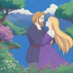 A Studio Ghibli-style scene featuring a woman with long golden hair and blue-green eyes, wearing a dark purple dress, kissing a man with golden hair, a beard, and blue eyes