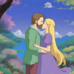 A Studio Ghibli-style scene featuring a woman with long golden hair and blue-green eyes, wearing a dark purple dress, kissing a man with golden hair, a beard, and blue eyes