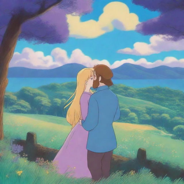 A Studio Ghibli-style scene featuring a woman with long golden hair and blue-green eyes, wearing a dark purple dress, kissing a man with golden hair, a beard, and blue eyes