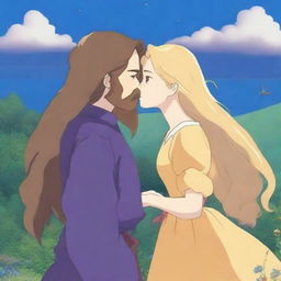 A Studio Ghibli-style scene featuring a woman with long golden hair and blue-green eyes, wearing a dark purple dress, kissing a man with golden hair, a beard, and blue eyes