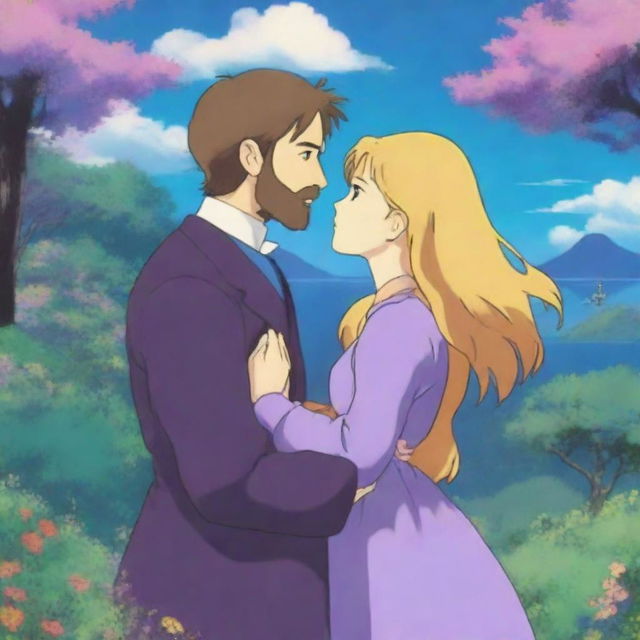 A Studio Ghibli-style scene featuring a woman with long golden hair and blue-green eyes, wearing a dark purple dress, kissing a man with golden hair, a beard, and blue eyes