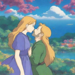 A Studio Ghibli-style scene featuring a woman with long golden hair and blue-green eyes, wearing a dark purple dress, kissing a man with golden hair, a beard, and blue eyes