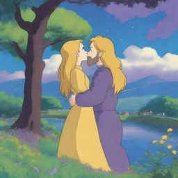 A Studio Ghibli-style scene featuring a woman with long golden hair and blue-green eyes, wearing a dark purple dress, kissing a man with golden hair, a beard, and blue eyes