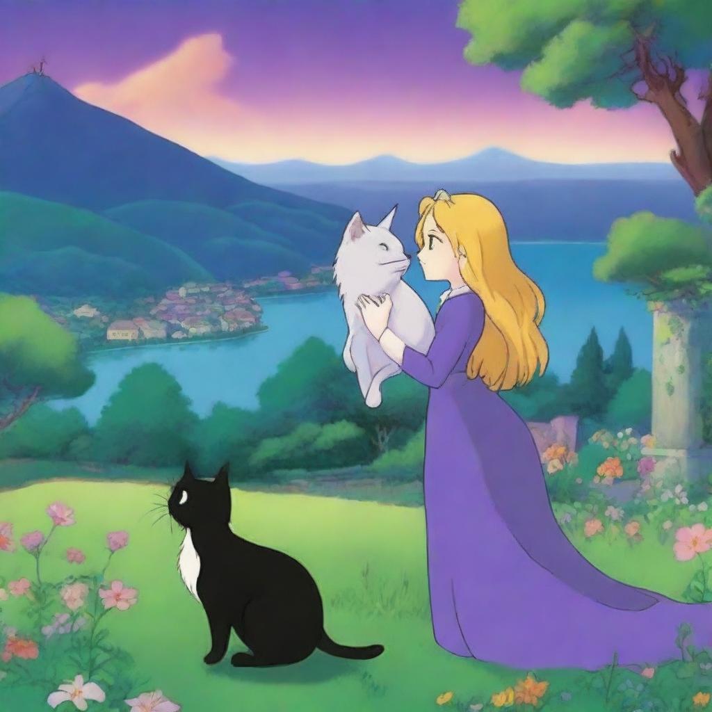 A Studio Ghibli-style scene featuring a woman with long golden hair and blue-green eyes, wearing a dark purple dress, kissing a tuxedo cat