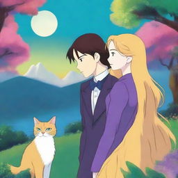 A Studio Ghibli-style scene featuring a woman with long golden hair and blue-green eyes, wearing a dark purple dress, kissing a tuxedo cat