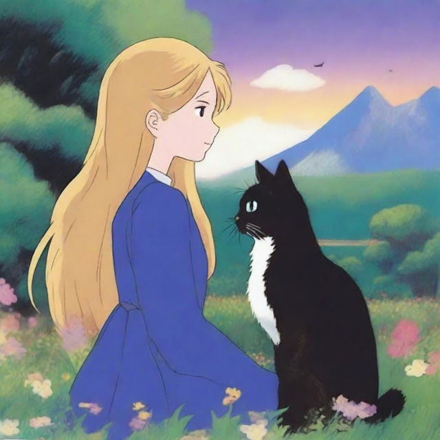 A Studio Ghibli-style scene featuring a woman with long golden hair and blue-green eyes, wearing a dark purple dress, kissing a tuxedo cat