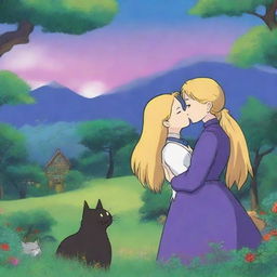 A Studio Ghibli-style scene featuring a woman with long golden hair and blue-green eyes, wearing a dark purple dress, kissing a tuxedo cat