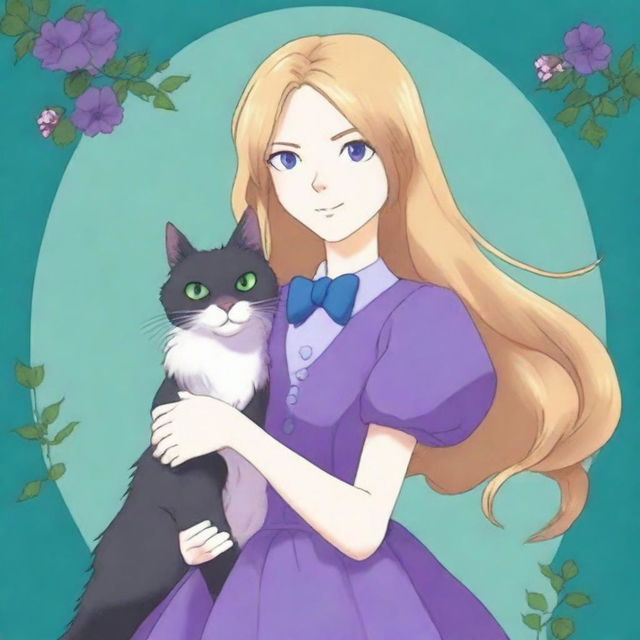 A beautiful woman with long golden hair and blue-green eyes wearing a purple dress, holding a tuxedo cat