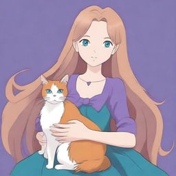 A beautiful woman with long golden hair and blue-green eyes wearing a purple dress, holding a tuxedo cat