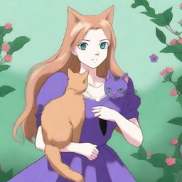 A beautiful woman with long golden hair and blue-green eyes wearing a purple dress, holding a tuxedo cat