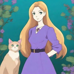 A beautiful woman with long golden hair and blue-green eyes wearing a purple dress, holding a tuxedo cat