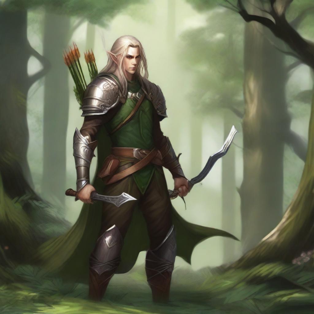 A high elf ranger standing in a lush forest, wearing elegant green and brown armor, with a bow and quiver of arrows on their back