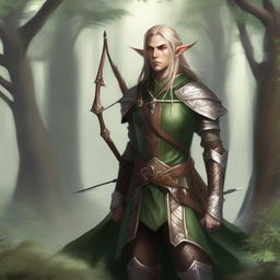 A high elf ranger standing in a lush forest, wearing elegant green and brown armor, with a bow and quiver of arrows on their back