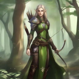 A high elf ranger standing in a lush forest, wearing elegant green and brown armor, with a bow and quiver of arrows on their back