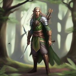 A high elf ranger standing in a lush forest, wearing elegant green and brown armor, with a bow and quiver of arrows on their back