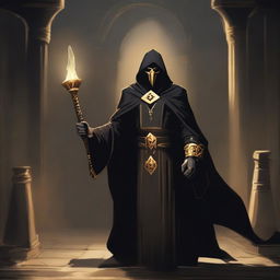 A masked cultist dressed in black robes with a golden trim, featuring a golden hourglass symbol on his robe