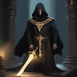 A masked cultist dressed in black robes with a golden trim, featuring a golden hourglass symbol on his robe