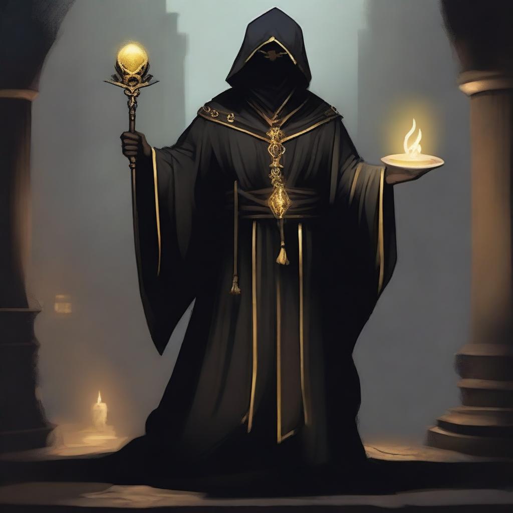 A masked cultist dressed in black robes with a golden trim, featuring a golden hourglass symbol on his robe