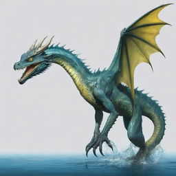 An aquatic dragon with webbed talons and webbing extending from its spine. It has a barbed tail and intense yellow eyes.