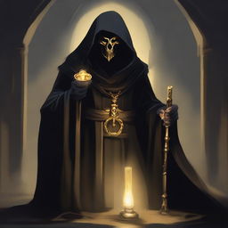 A masked cultist dressed in black robes with a golden trim, featuring a golden hourglass symbol on his robe