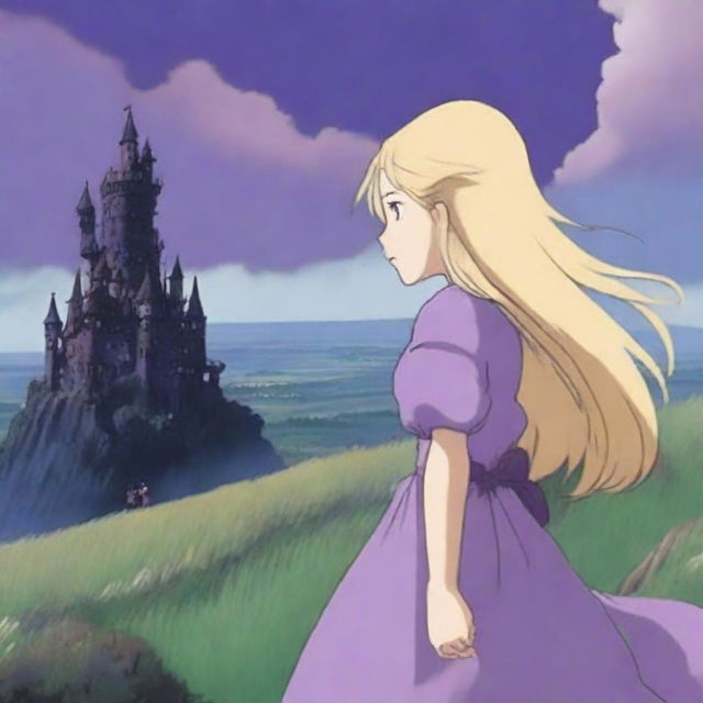 A woman with long blonde hair wearing a purple dress is staring at Howl's Moving Castle in the distance