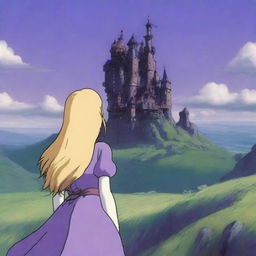 A woman with long blonde hair wearing a purple dress is staring at Howl's Moving Castle in the distance