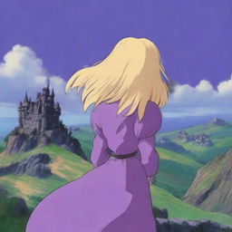 A woman with long blonde hair wearing a purple dress is staring at Howl's Moving Castle in the distance