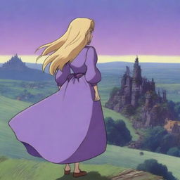 A woman with long blonde hair wearing a purple dress is staring at Howl's Moving Castle in the distance